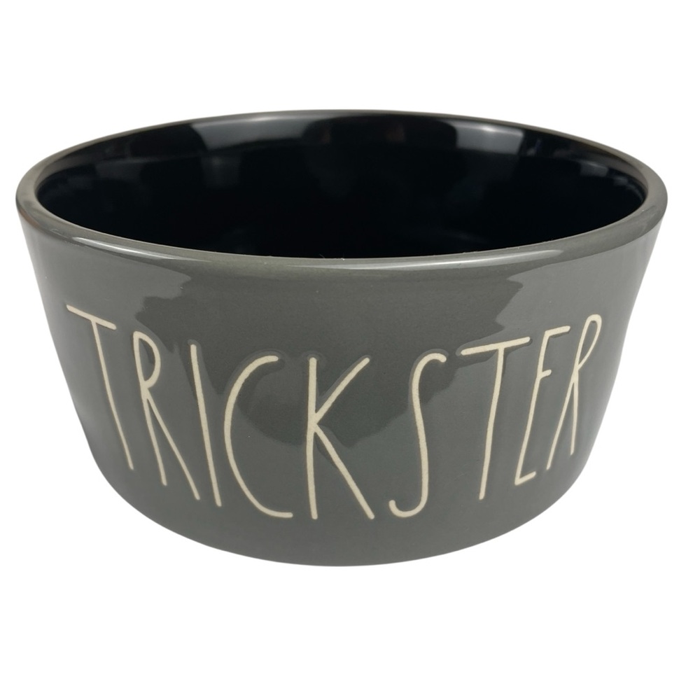 Rae Dunn Medium Halloween TRICKSTER Dog Pet Ceramic Dish Bowl Gray NEW
